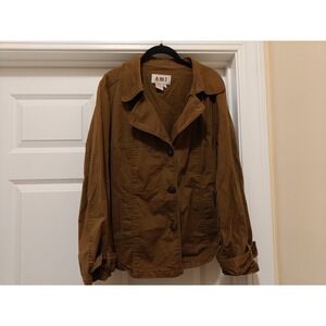 AMX Womens Plus 1X Brown Cotton Utility Jacket Button Front Chore Coat 25183X